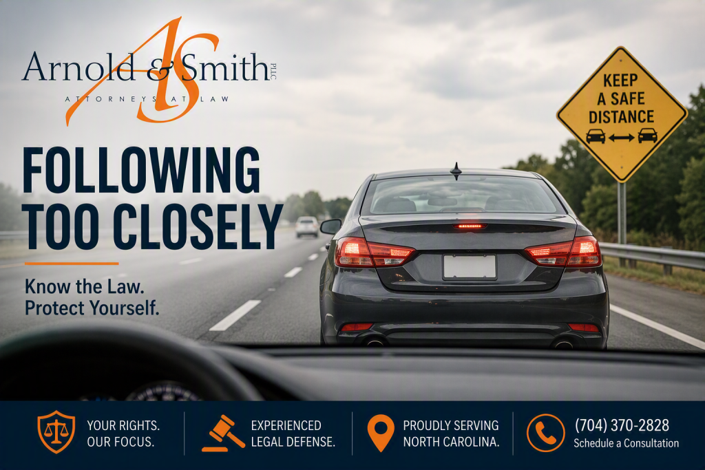 Vehicle following another car on a North Carolina highway with a safe distance warning sign, illustrating the state's following-too-closely and tailgating laws.