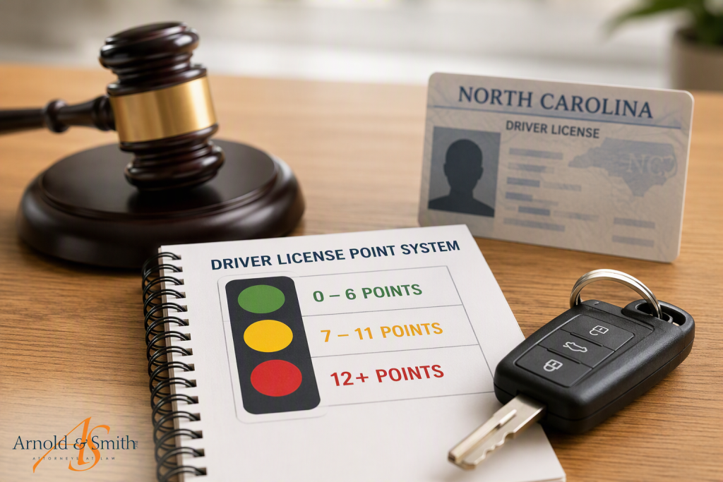 North Carolina driver license, vehicle key, and DMV point system guide illustrating traffic violation points and license suspension thresholds.