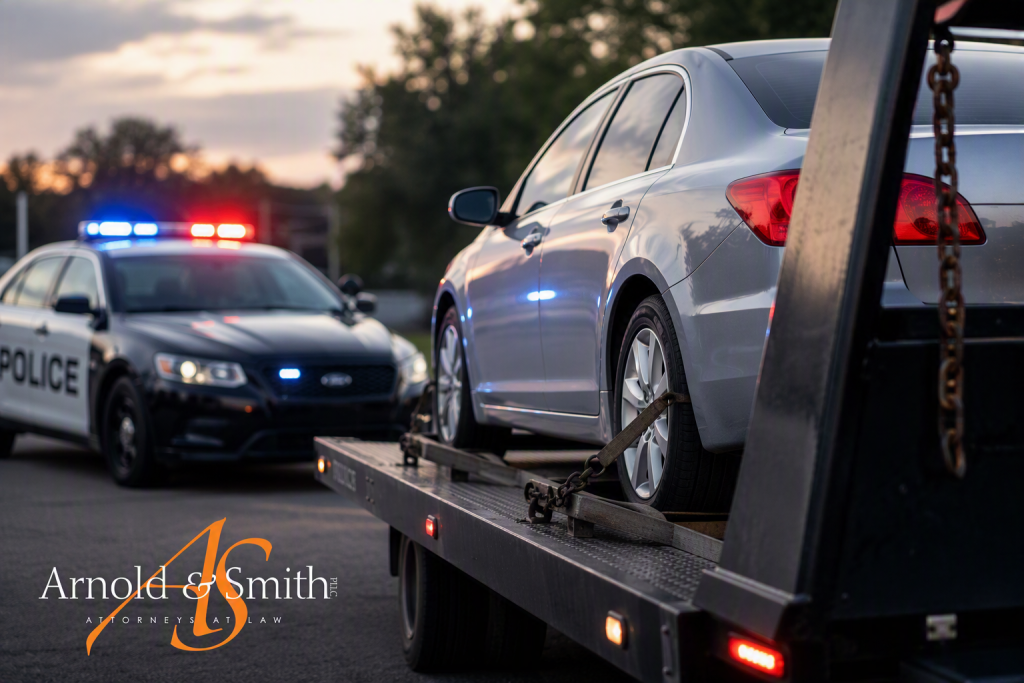 Vehicle being towed after police seizure with law enforcement vehicle in the background.