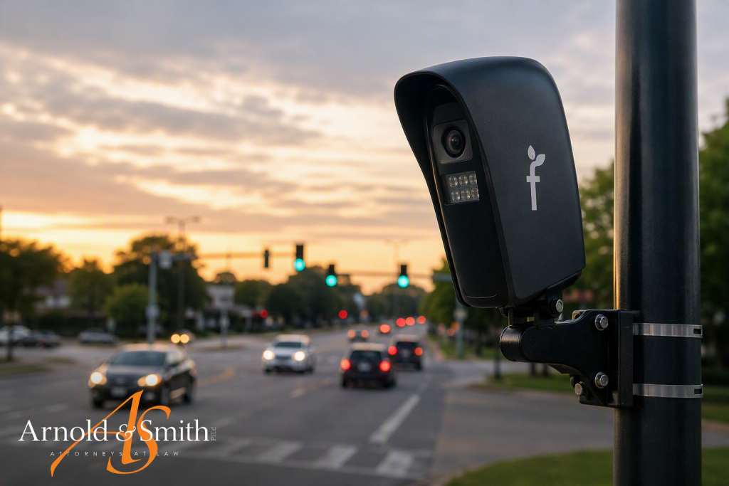 Flock safety camera mounted above a busy roadway monitoring vehicle traffic while collecting license plate and vehicle data.
