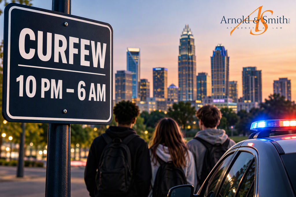 Teen curfew sign showing 10 PM to 6 AM with the Charlotte skyline, several young people, and a police vehicle representing Charlotte's new youth curfew pilot program.