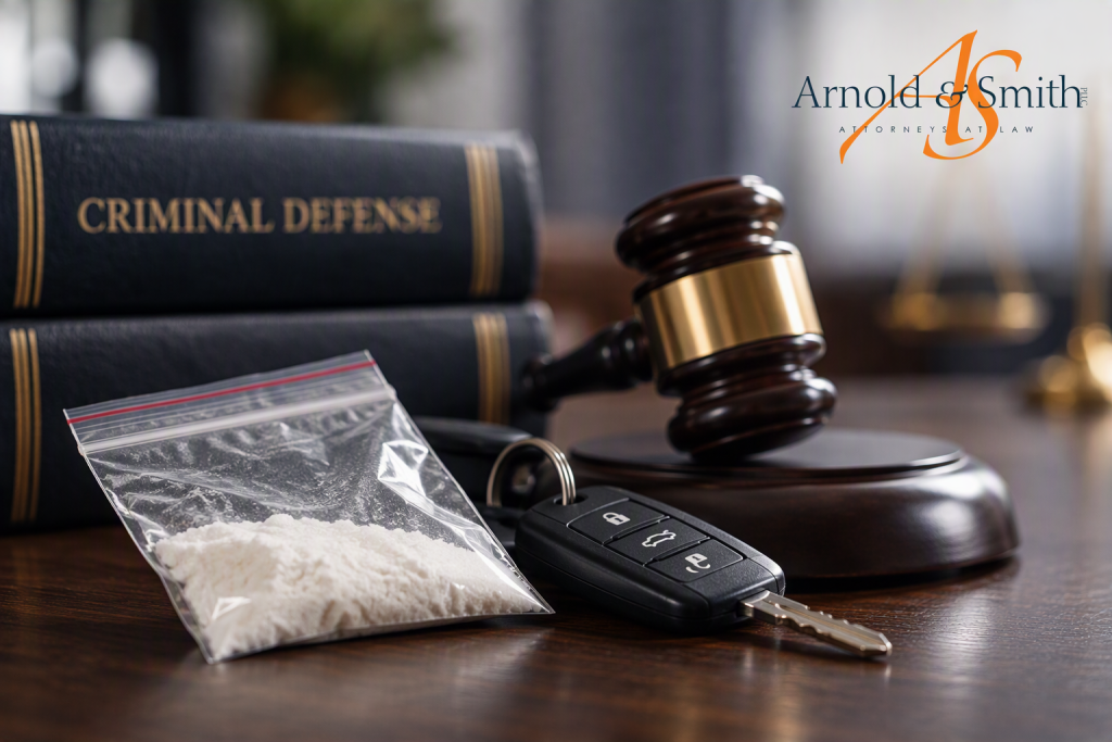 Criminal defense law books, gavel, vehicle key, and drug evidence illustrating constructive possession charges