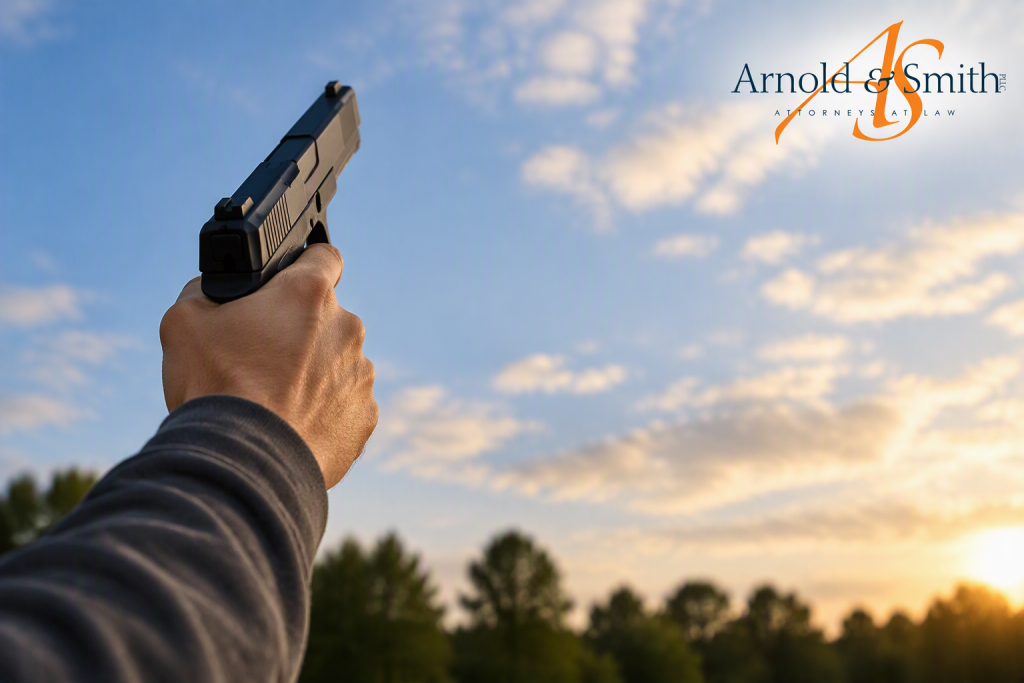 Hand holding a firearm pointed toward the sky for a North Carolina gun law article