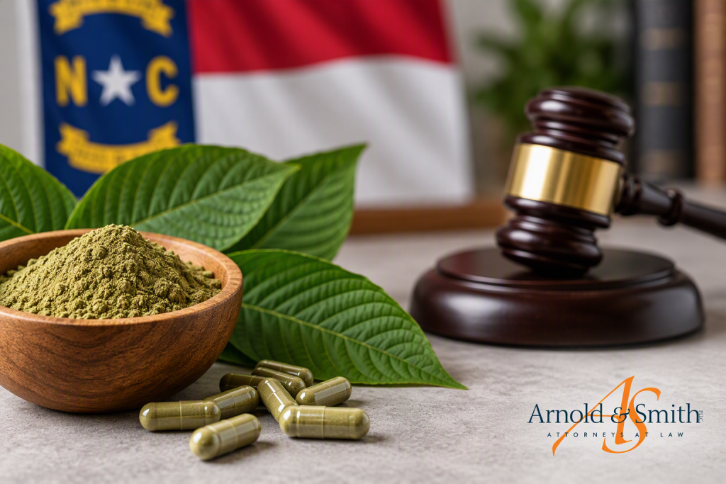 Wooden bowl of kratom powder and capsules beside a judge's gavel with a North Carolina flag in the background, illustrating kratom laws in North Carolina.
